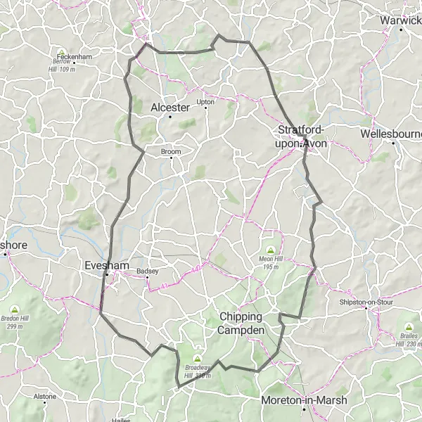 Map miniature of "Astwood Bank to Broadway Loop" cycling inspiration in Herefordshire, Worcestershire and Warwickshire, United Kingdom. Generated by Tarmacs.app cycling route planner