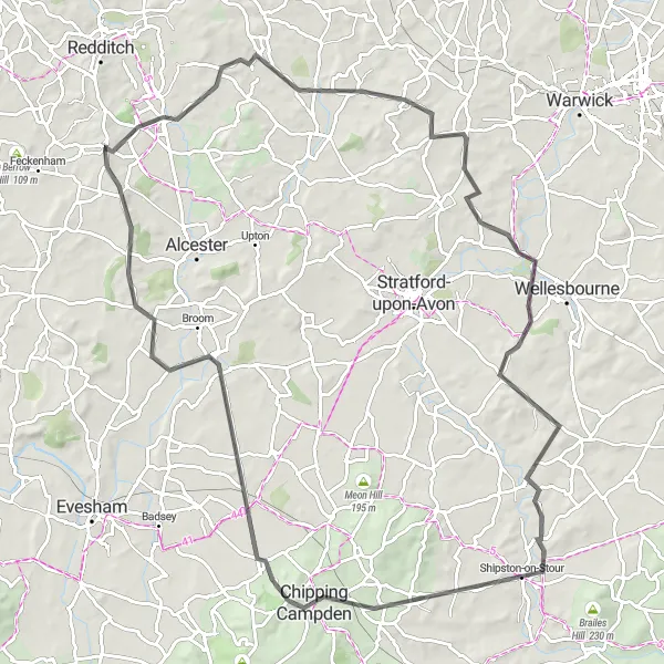 Map miniature of "Astwood Bank to Chipping Campden Ride" cycling inspiration in Herefordshire, Worcestershire and Warwickshire, United Kingdom. Generated by Tarmacs.app cycling route planner