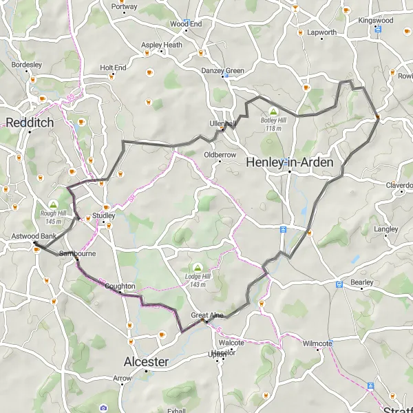 Map miniature of "The Oldberrow Loop" cycling inspiration in Herefordshire, Worcestershire and Warwickshire, United Kingdom. Generated by Tarmacs.app cycling route planner