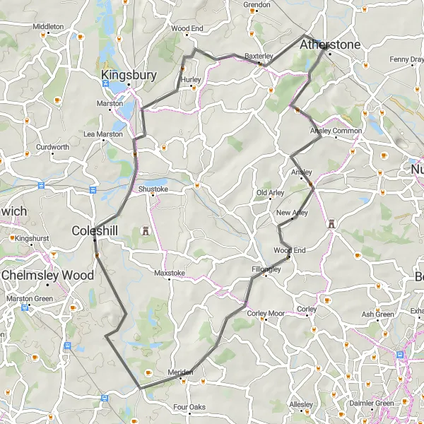Map miniature of "The Ansley Loop" cycling inspiration in Herefordshire, Worcestershire and Warwickshire, United Kingdom. Generated by Tarmacs.app cycling route planner