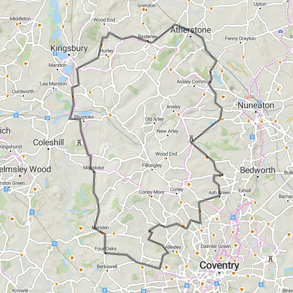 Map miniature of "Atherstone to Maxstoke Road Route" cycling inspiration in Herefordshire, Worcestershire and Warwickshire, United Kingdom. Generated by Tarmacs.app cycling route planner