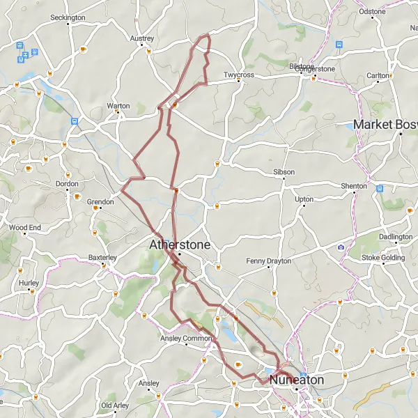 Map miniature of "Hidden Gems: Worcestershire Gravel Exploration" cycling inspiration in Herefordshire, Worcestershire and Warwickshire, United Kingdom. Generated by Tarmacs.app cycling route planner