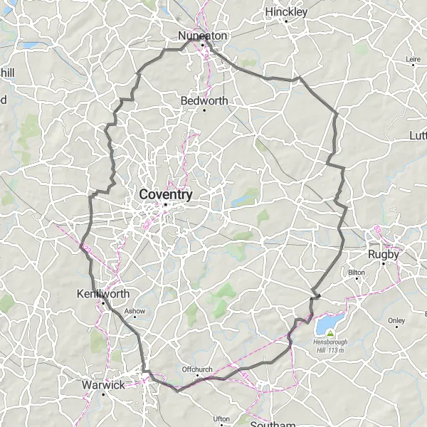 Map miniature of "Discovering Eastern Green" cycling inspiration in Herefordshire, Worcestershire and Warwickshire, United Kingdom. Generated by Tarmacs.app cycling route planner