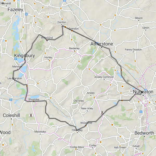 Map miniature of "Astley Adventure Loop" cycling inspiration in Herefordshire, Worcestershire and Warwickshire, United Kingdom. Generated by Tarmacs.app cycling route planner