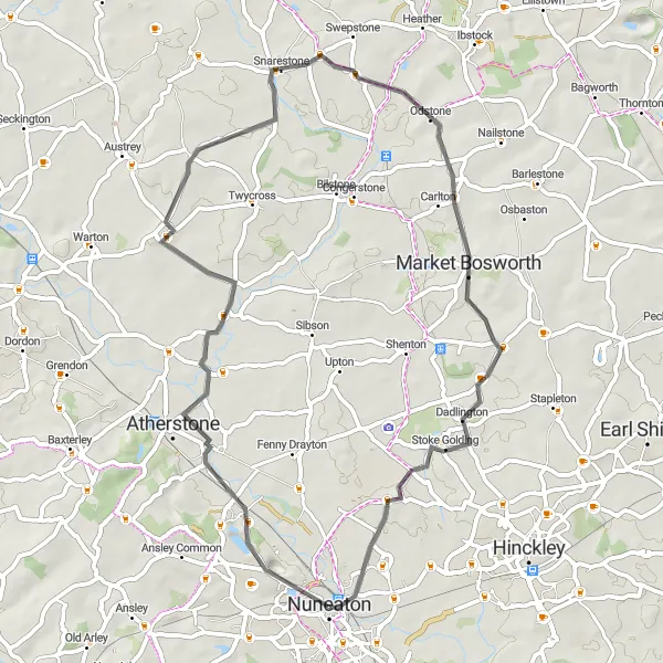 Map miniature of "The Scenic Snarestone Circuit" cycling inspiration in Herefordshire, Worcestershire and Warwickshire, United Kingdom. Generated by Tarmacs.app cycling route planner