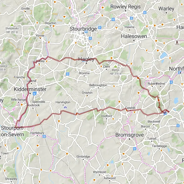 Map miniature of "The Worcestershire Hills Gravel Loop" cycling inspiration in Herefordshire, Worcestershire and Warwickshire, United Kingdom. Generated by Tarmacs.app cycling route planner