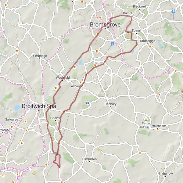 Map miniature of "Bromsgrove Gravel Trail" cycling inspiration in Herefordshire, Worcestershire and Warwickshire, United Kingdom. Generated by Tarmacs.app cycling route planner