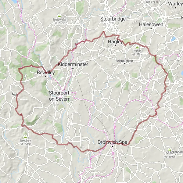 Map miniature of "The Worcestershire Gravel Adventure" cycling inspiration in Herefordshire, Worcestershire and Warwickshire, United Kingdom. Generated by Tarmacs.app cycling route planner