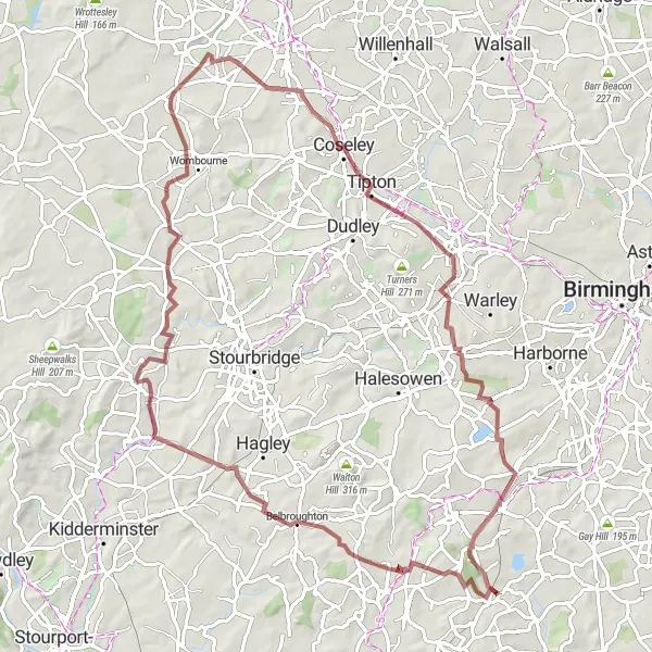 Map miniature of "Belbroughton Gravel Adventure" cycling inspiration in Herefordshire, Worcestershire and Warwickshire, United Kingdom. Generated by Tarmacs.app cycling route planner