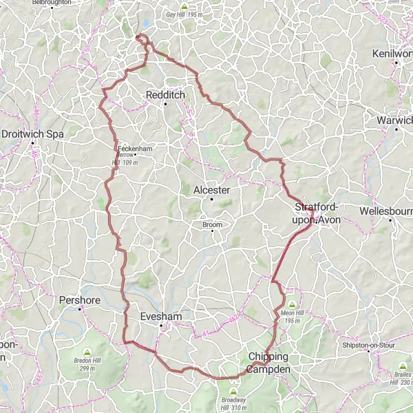 Map miniature of "The Wyre Forest Gravel Challenge" cycling inspiration in Herefordshire, Worcestershire and Warwickshire, United Kingdom. Generated by Tarmacs.app cycling route planner