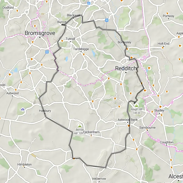 Map miniature of "The Bromsgrove Country Roads Ride" cycling inspiration in Herefordshire, Worcestershire and Warwickshire, United Kingdom. Generated by Tarmacs.app cycling route planner