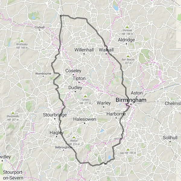 Map miniature of "Barnt Green to Fairfield Loop" cycling inspiration in Herefordshire, Worcestershire and Warwickshire, United Kingdom. Generated by Tarmacs.app cycling route planner