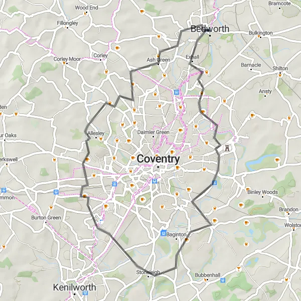 Map miniature of "Bedworth Loop" cycling inspiration in Herefordshire, Worcestershire and Warwickshire, United Kingdom. Generated by Tarmacs.app cycling route planner