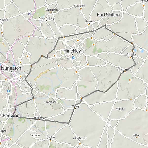 Map miniature of "Bedworth to Attleborough Loop" cycling inspiration in Herefordshire, Worcestershire and Warwickshire, United Kingdom. Generated by Tarmacs.app cycling route planner