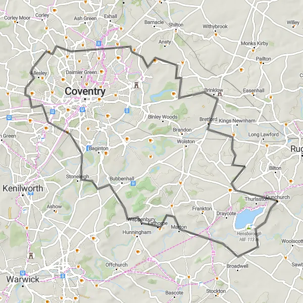 Map miniature of "The Hensborough Hill Loop" cycling inspiration in Herefordshire, Worcestershire and Warwickshire, United Kingdom. Generated by Tarmacs.app cycling route planner