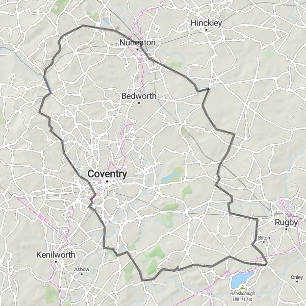 Map miniature of "The Hilltop Haven" cycling inspiration in Herefordshire, Worcestershire and Warwickshire, United Kingdom. Generated by Tarmacs.app cycling route planner