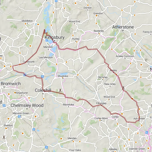 Map miniature of "Fillongley and Beyond" cycling inspiration in Herefordshire, Worcestershire and Warwickshire, United Kingdom. Generated by Tarmacs.app cycling route planner