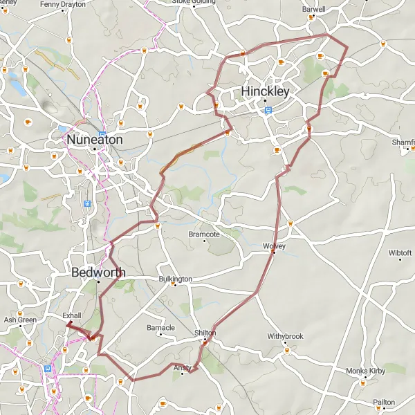 Map miniature of "Whitestone Serenity" cycling inspiration in Herefordshire, Worcestershire and Warwickshire, United Kingdom. Generated by Tarmacs.app cycling route planner