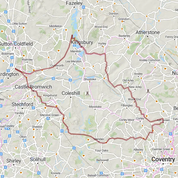Map miniature of "The Gravel Adventure" cycling inspiration in Herefordshire, Worcestershire and Warwickshire, United Kingdom. Generated by Tarmacs.app cycling route planner