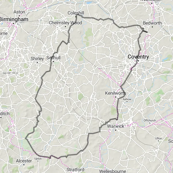 Map miniature of "Historic Towns and Countryside" cycling inspiration in Herefordshire, Worcestershire and Warwickshire, United Kingdom. Generated by Tarmacs.app cycling route planner