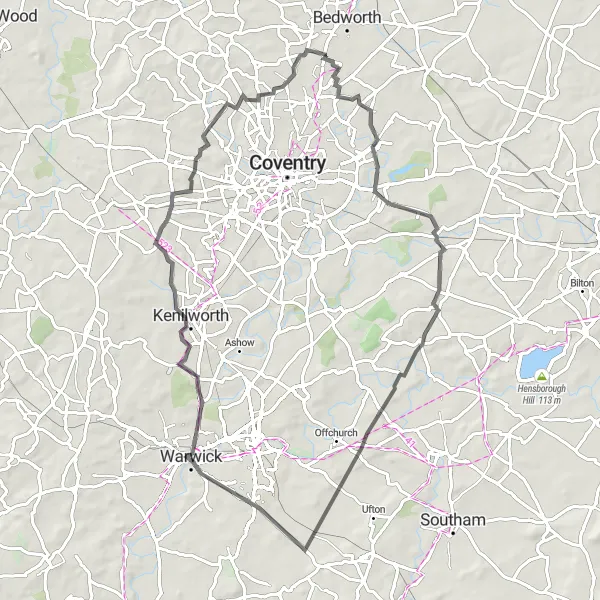 Map miniature of "The Warwickshire Round Trip" cycling inspiration in Herefordshire, Worcestershire and Warwickshire, United Kingdom. Generated by Tarmacs.app cycling route planner