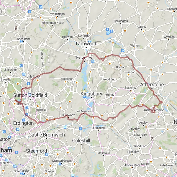 Map miniature of "Historical Landscape Tour" cycling inspiration in Herefordshire, Worcestershire and Warwickshire, United Kingdom. Generated by Tarmacs.app cycling route planner