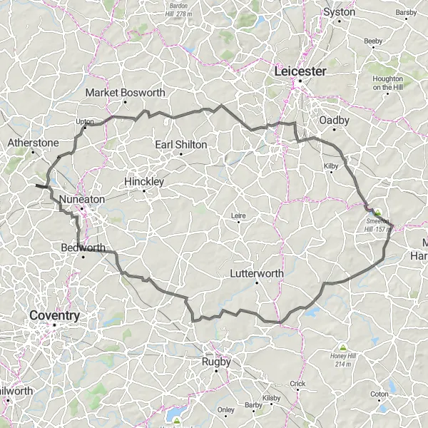 Map miniature of "The Shenton Loop" cycling inspiration in Herefordshire, Worcestershire and Warwickshire, United Kingdom. Generated by Tarmacs.app cycling route planner