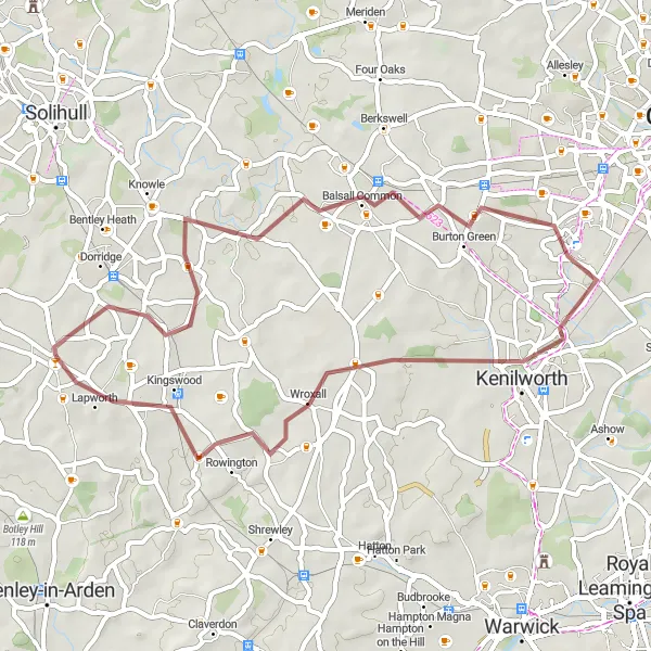 Map miniature of "Hockley Heath to Lapworth Loop" cycling inspiration in Herefordshire, Worcestershire and Warwickshire, United Kingdom. Generated by Tarmacs.app cycling route planner