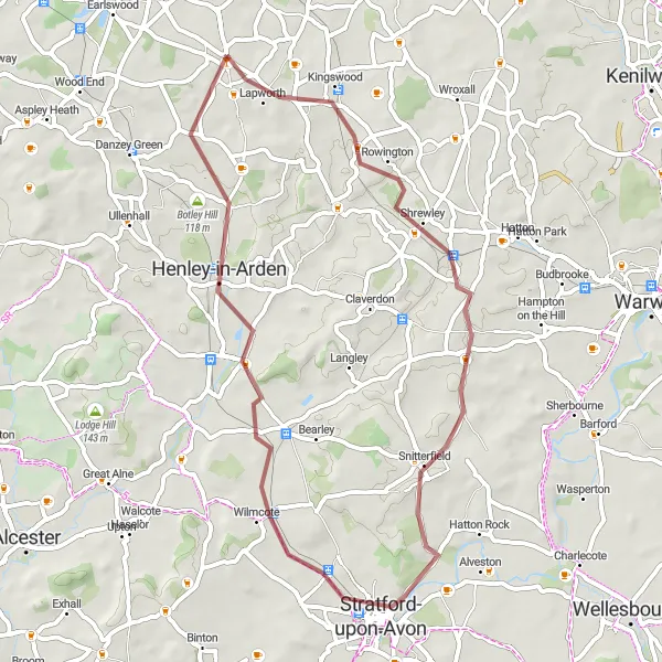 Map miniature of "Hockley Heath to Botley Hill Gravel Trail" cycling inspiration in Herefordshire, Worcestershire and Warwickshire, United Kingdom. Generated by Tarmacs.app cycling route planner
