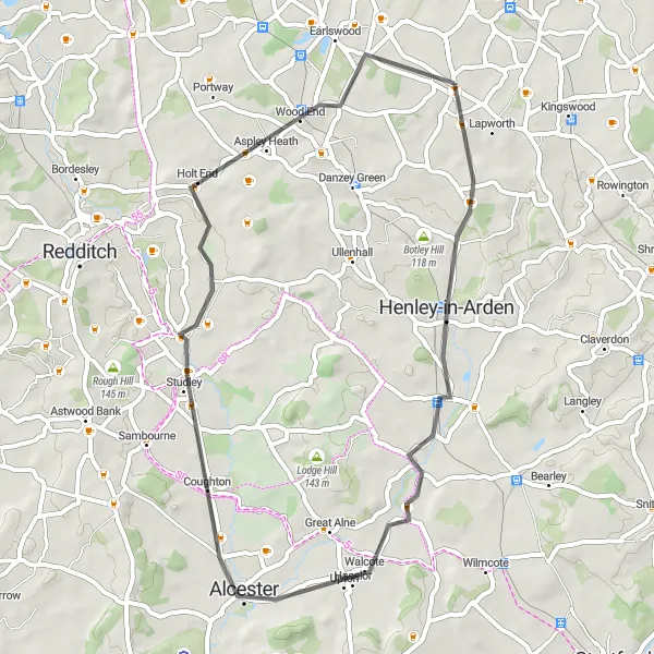 Map miniature of "Henley-in-Arden Loop" cycling inspiration in Herefordshire, Worcestershire and Warwickshire, United Kingdom. Generated by Tarmacs.app cycling route planner