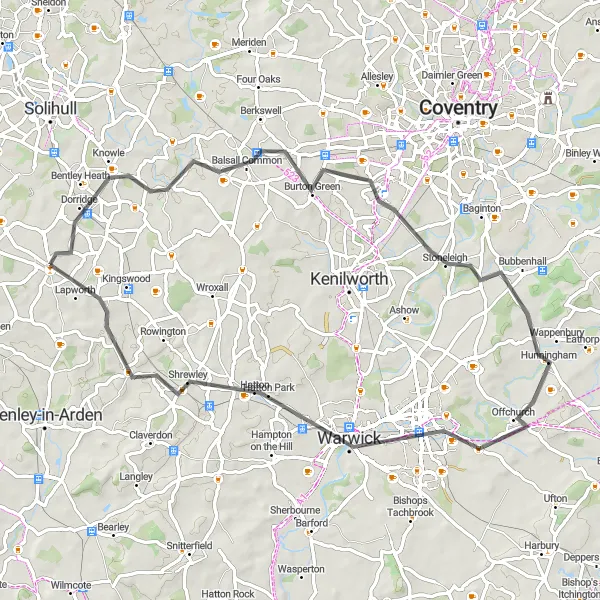 Map miniature of "Discover Warwickshire" cycling inspiration in Herefordshire, Worcestershire and Warwickshire, United Kingdom. Generated by Tarmacs.app cycling route planner