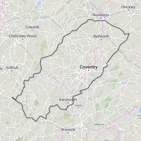 Map miniature of "Meriden to Shrewley Loop" cycling inspiration in Herefordshire, Worcestershire and Warwickshire, United Kingdom. Generated by Tarmacs.app cycling route planner