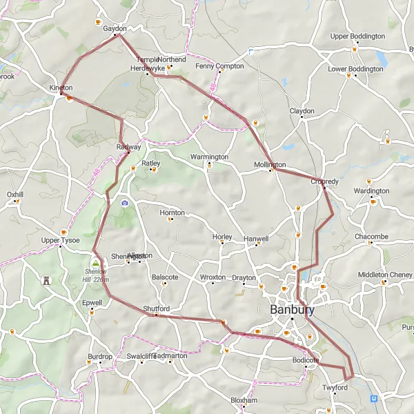 Map miniature of "The Worcestershire Off-Roader" cycling inspiration in Herefordshire, Worcestershire and Warwickshire, United Kingdom. Generated by Tarmacs.app cycling route planner