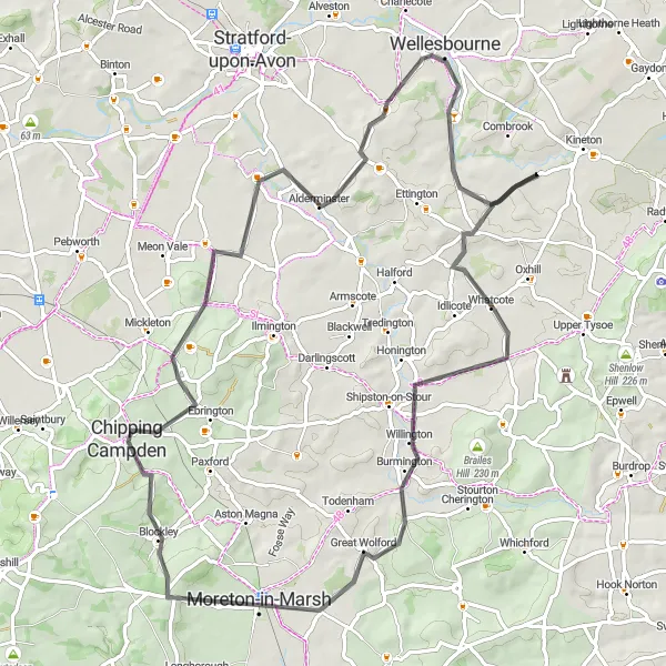 Map miniature of "Kineton Epic Road Ride" cycling inspiration in Herefordshire, Worcestershire and Warwickshire, United Kingdom. Generated by Tarmacs.app cycling route planner