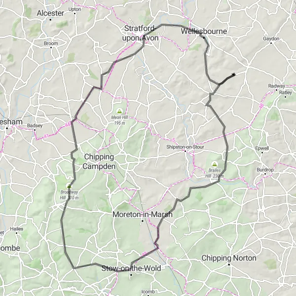 Map miniature of "Kineton and Surroundings" cycling inspiration in Herefordshire, Worcestershire and Warwickshire, United Kingdom. Generated by Tarmacs.app cycling route planner