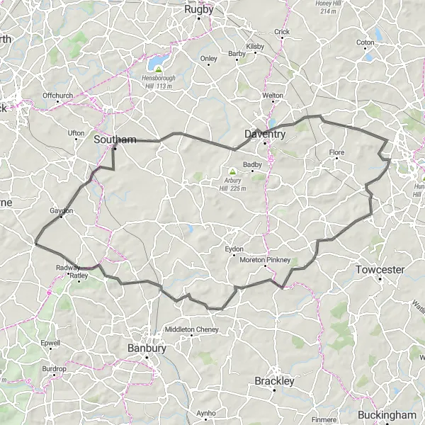 Map miniature of "Countryside Exploration: Kineton to Blakesley" cycling inspiration in Herefordshire, Worcestershire and Warwickshire, United Kingdom. Generated by Tarmacs.app cycling route planner