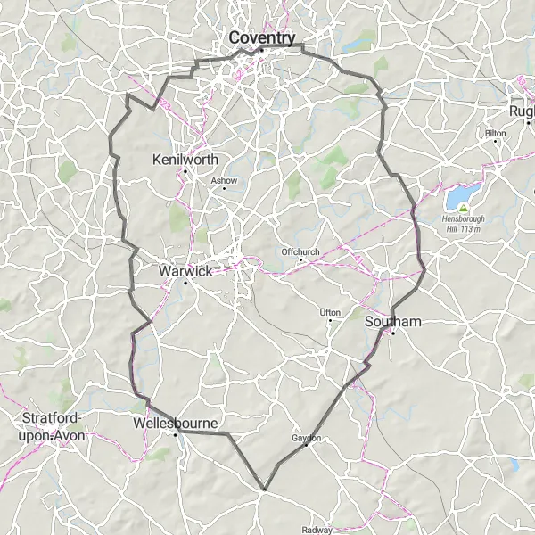 Map miniature of "Scenic Loop near Kineton" cycling inspiration in Herefordshire, Worcestershire and Warwickshire, United Kingdom. Generated by Tarmacs.app cycling route planner