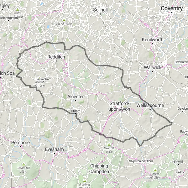 Map miniature of "Explore the Heart of England" cycling inspiration in Herefordshire, Worcestershire and Warwickshire, United Kingdom. Generated by Tarmacs.app cycling route planner