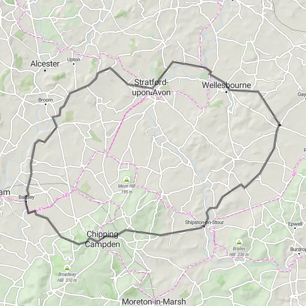 Map miniature of "The Cotswold Explorer" cycling inspiration in Herefordshire, Worcestershire and Warwickshire, United Kingdom. Generated by Tarmacs.app cycling route planner