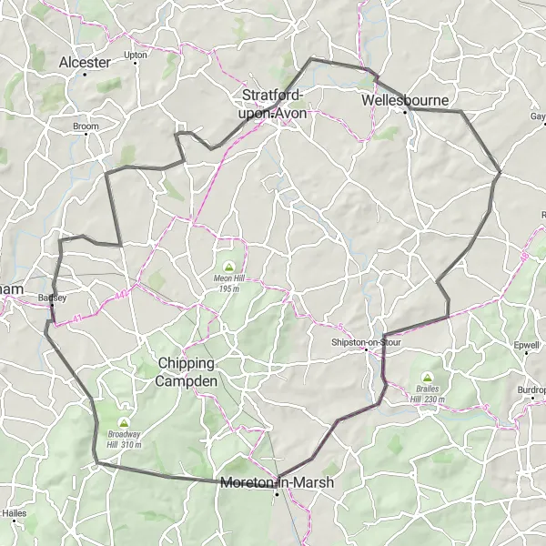 Map miniature of "Discover the Cotswolds" cycling inspiration in Herefordshire, Worcestershire and Warwickshire, United Kingdom. Generated by Tarmacs.app cycling route planner
