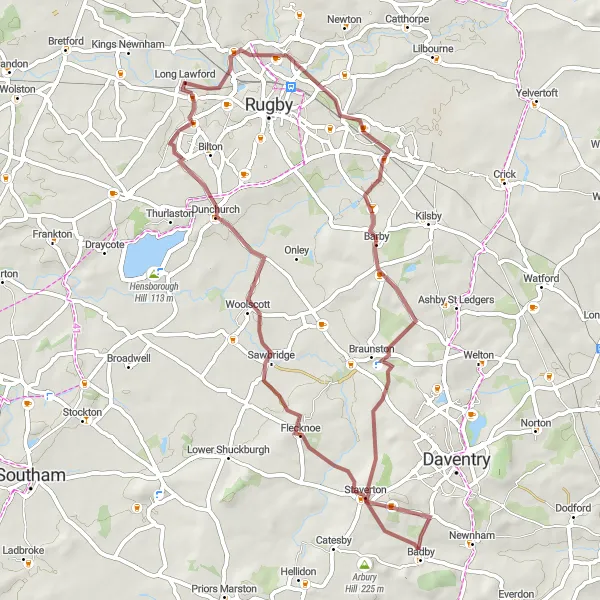 Map miniature of "Newbold on Avon to Dunchurch Gravel Route" cycling inspiration in Herefordshire, Worcestershire and Warwickshire, United Kingdom. Generated by Tarmacs.app cycling route planner