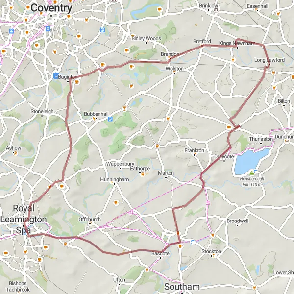 Map miniature of "The Serene Gravel Ride" cycling inspiration in Herefordshire, Worcestershire and Warwickshire, United Kingdom. Generated by Tarmacs.app cycling route planner