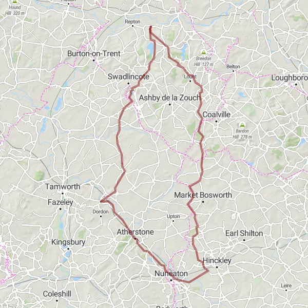 Map miniature of "The Calke Adventure" cycling inspiration in Herefordshire, Worcestershire and Warwickshire, United Kingdom. Generated by Tarmacs.app cycling route planner