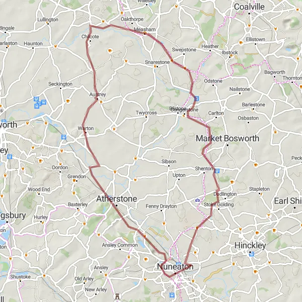 Map miniature of "Nuneaton Nature Escape" cycling inspiration in Herefordshire, Worcestershire and Warwickshire, United Kingdom. Generated by Tarmacs.app cycling route planner