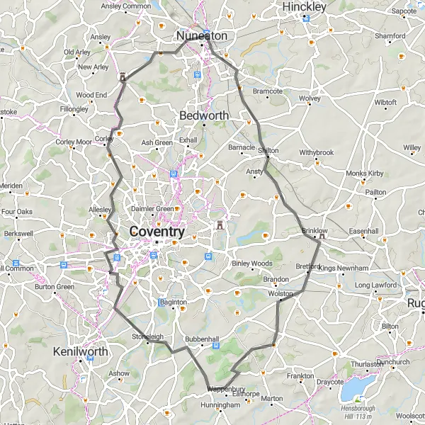 Map miniature of "The Shilton Adventure" cycling inspiration in Herefordshire, Worcestershire and Warwickshire, United Kingdom. Generated by Tarmacs.app cycling route planner