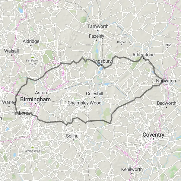 Map miniature of "Astonishing Astley Adventure" cycling inspiration in Herefordshire, Worcestershire and Warwickshire, United Kingdom. Generated by Tarmacs.app cycling route planner