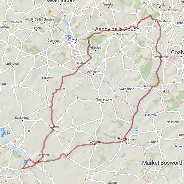Map miniature of "The Ashby de la Zouch Adventure" cycling inspiration in Herefordshire, Worcestershire and Warwickshire, United Kingdom. Generated by Tarmacs.app cycling route planner