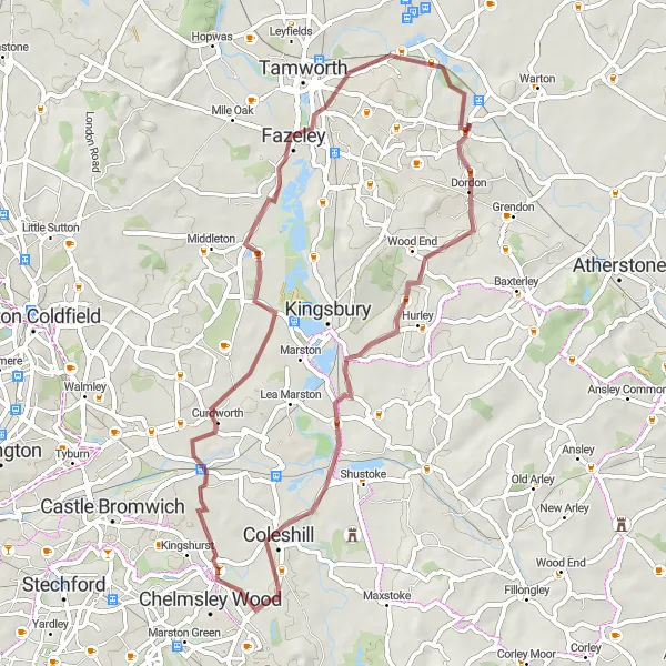 Map miniature of "The Water Orton Adventure" cycling inspiration in Herefordshire, Worcestershire and Warwickshire, United Kingdom. Generated by Tarmacs.app cycling route planner