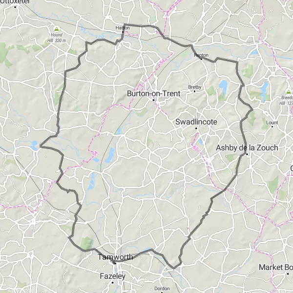 Map miniature of "Picturesque Road Cycling Route near Polesworth" cycling inspiration in Herefordshire, Worcestershire and Warwickshire, United Kingdom. Generated by Tarmacs.app cycling route planner