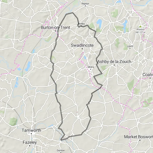 Map miniature of "Road Route Adventure in Herefordshire, Worcestershire, and Warwickshire" cycling inspiration in Herefordshire, Worcestershire and Warwickshire, United Kingdom. Generated by Tarmacs.app cycling route planner